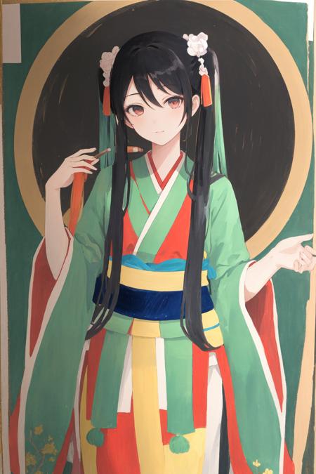 21570-4262998293-masterpiece, best quality,1girl, dunhuang,   long hair, looking at viewer, twintails, black hair, hanfu,  traditional media,.png